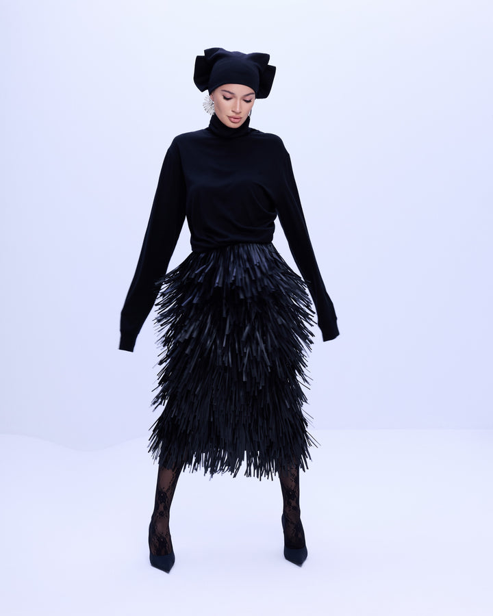 Noir fringed viscose-wool midi skirt