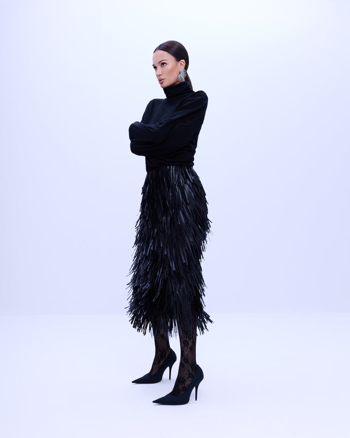 Noir fringed viscose-wool midi skirt
