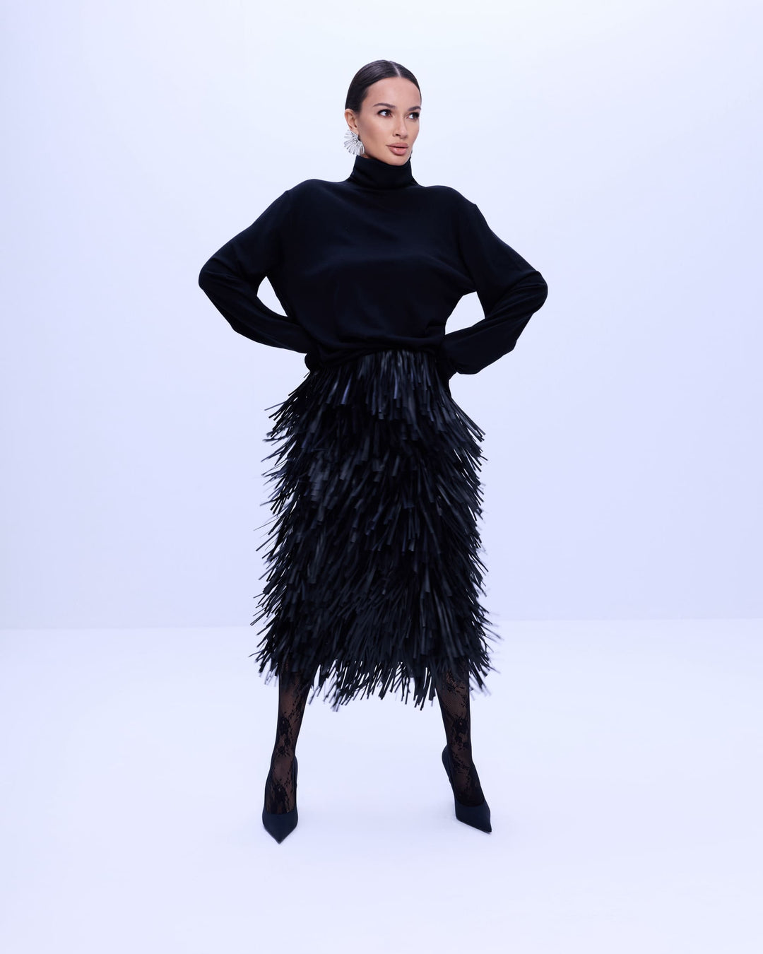Noir fringed viscose-wool midi skirt