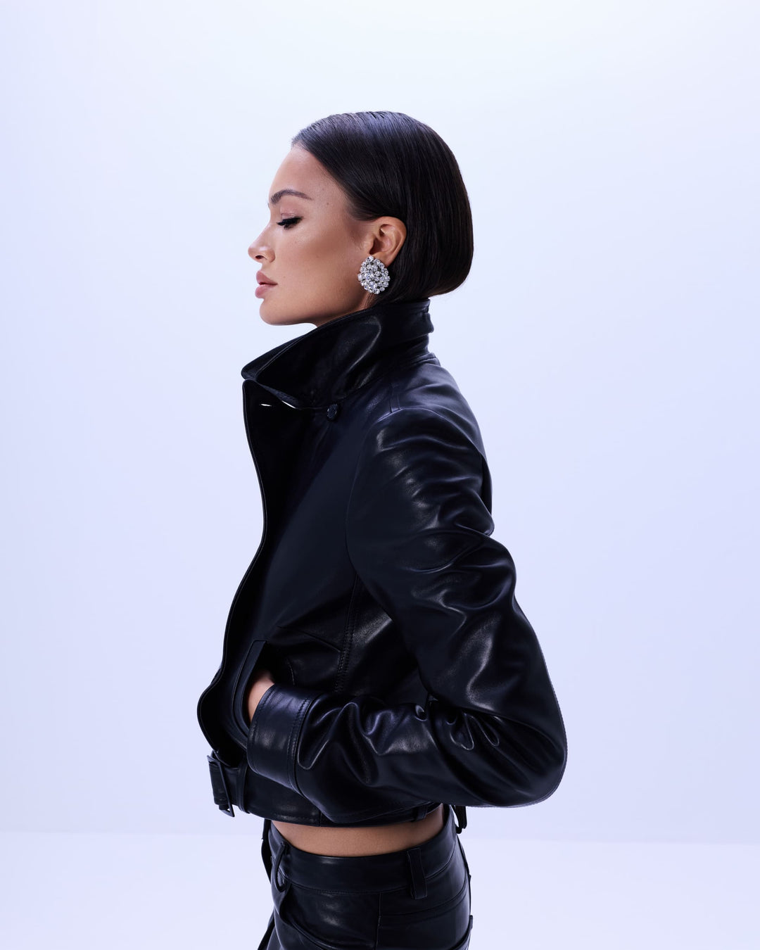 High neck fitted leather jacket with waist belt