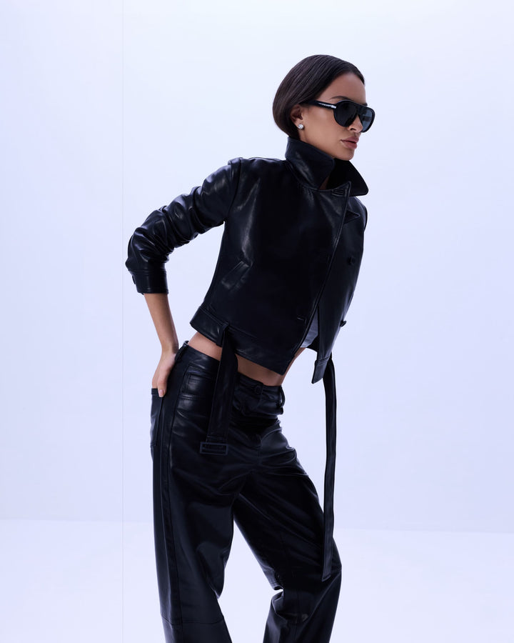 Noir leather straight-leg pants