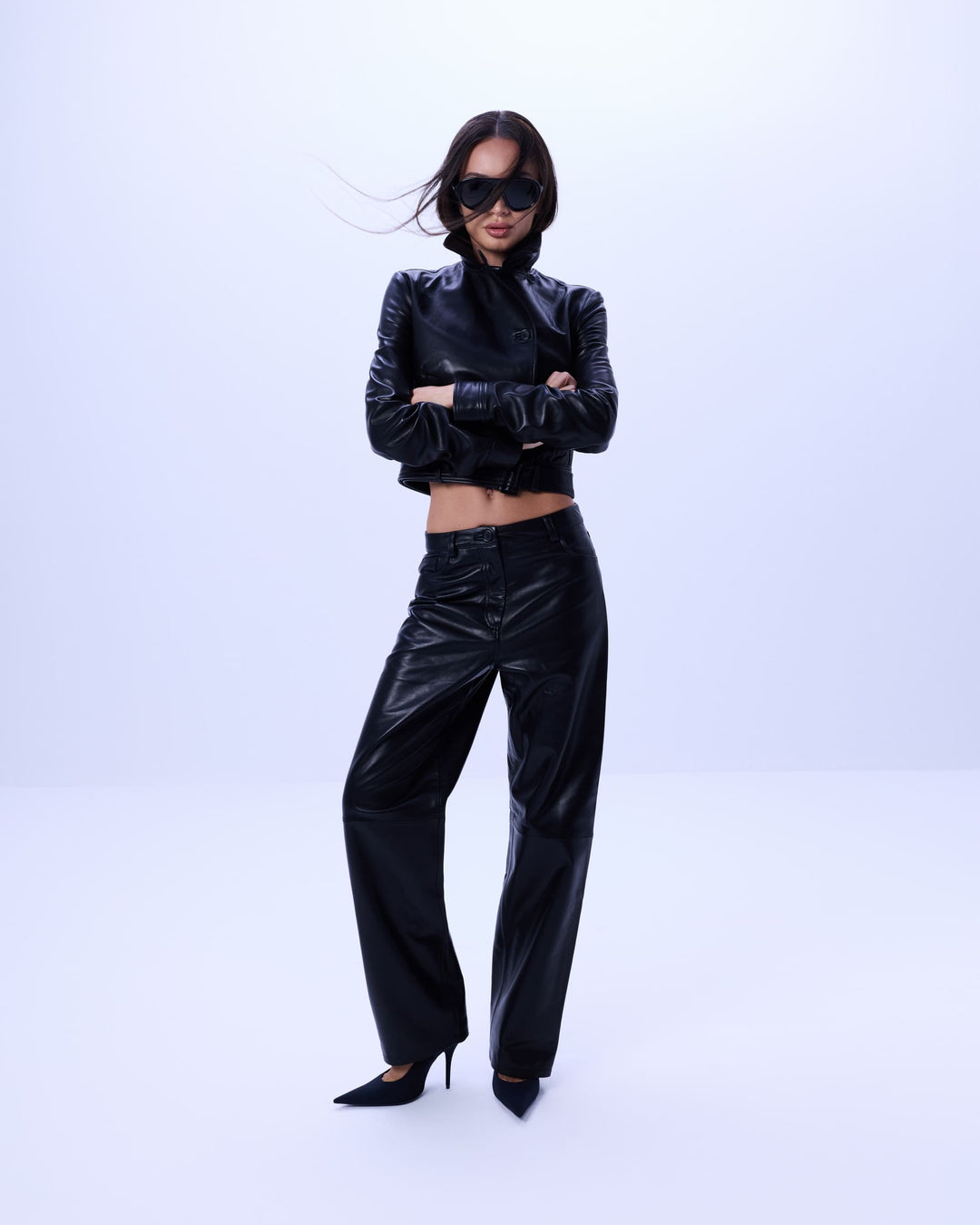 Noir leather straight-leg pants