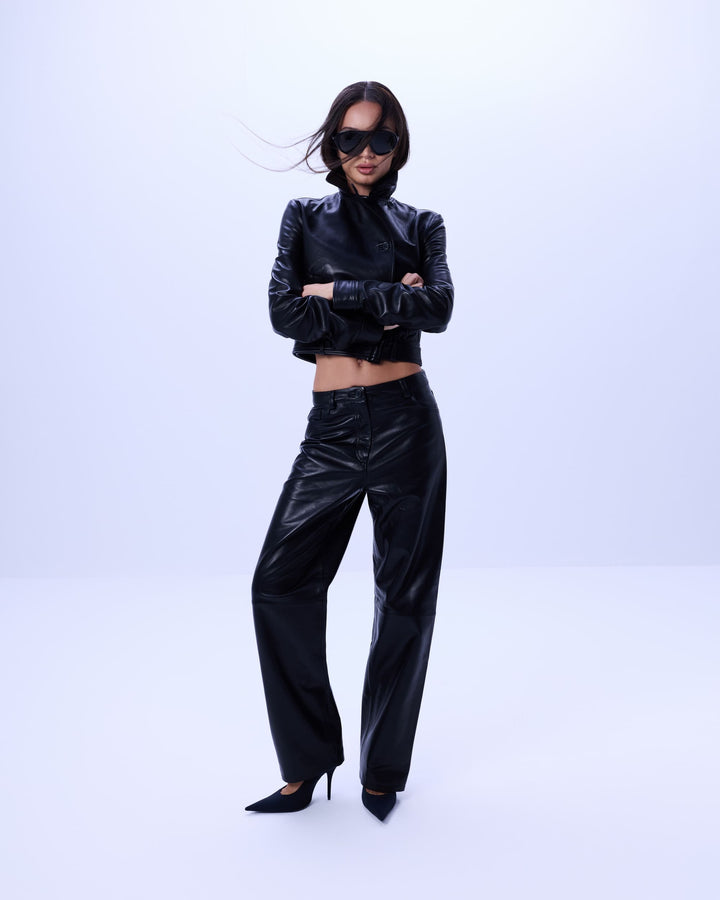 Noir leather straight-leg pants