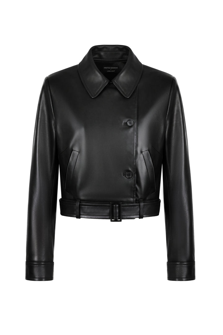 High neck fitted leather jacket with waist belt