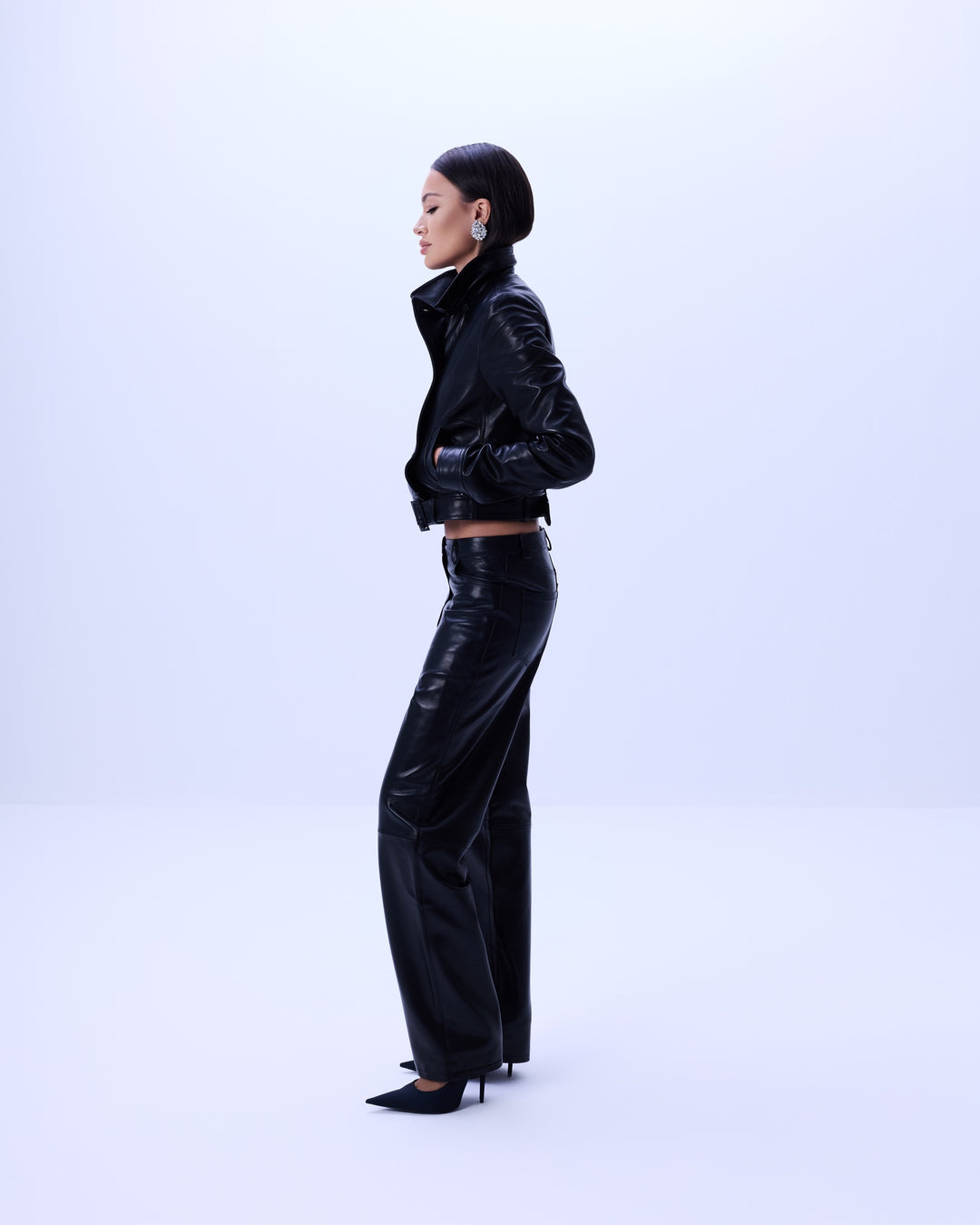 Noir leather straight-leg pants