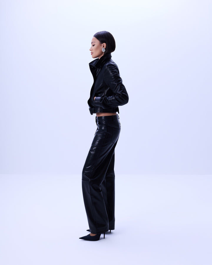 Noir leather straight-leg pants